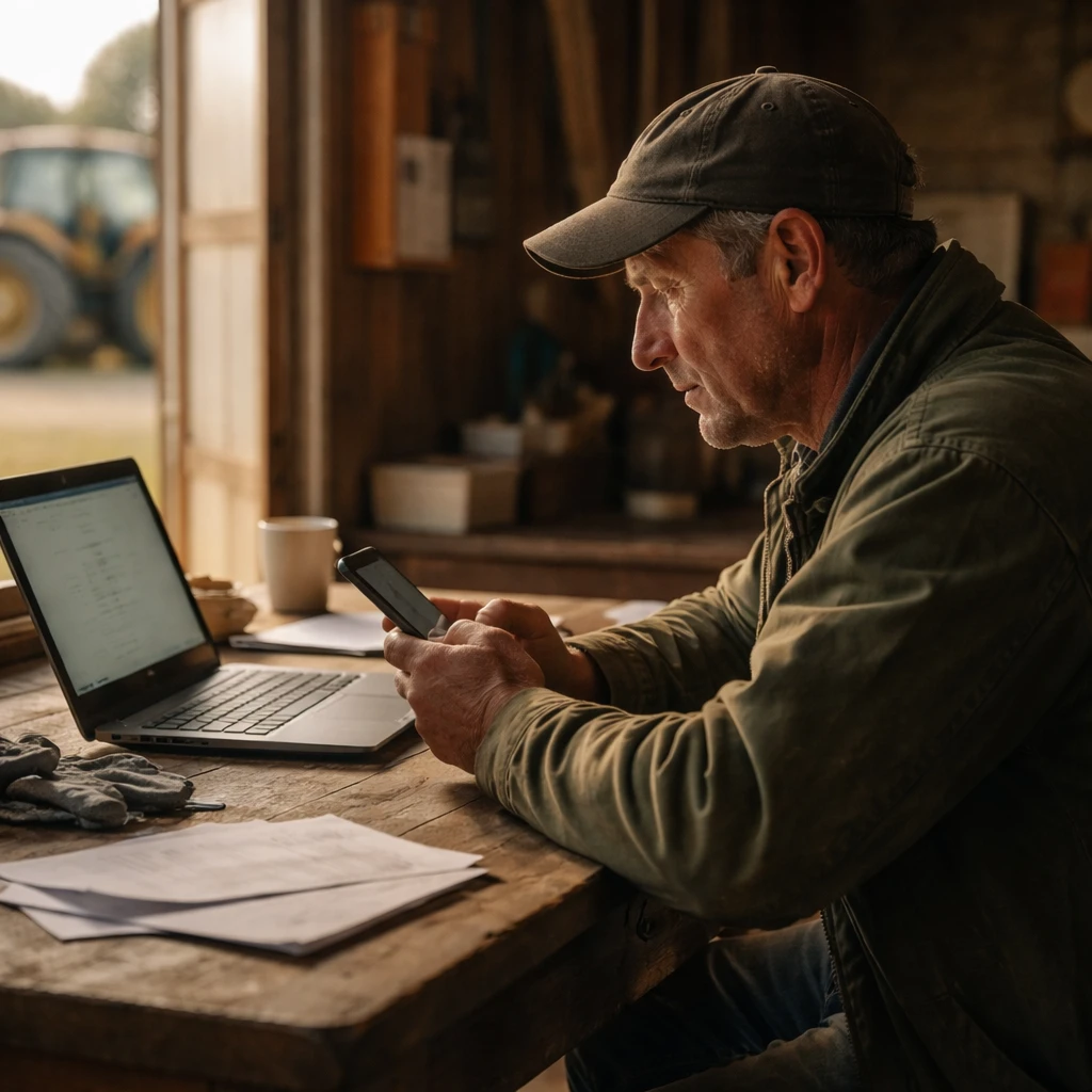 Agriculteur seul dans un bureau de ferme consultant un ordinateur portable