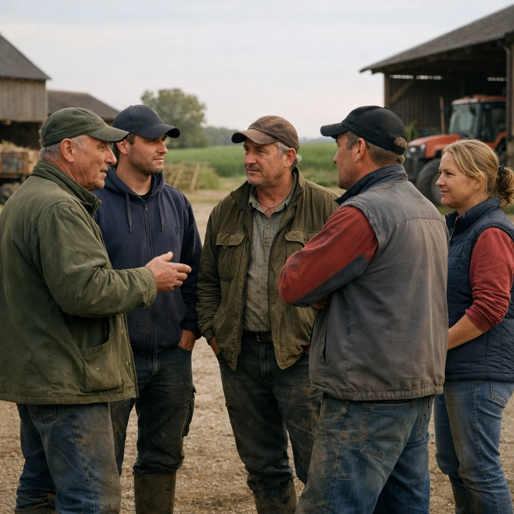 Groupe d’agriculteurs échangeant ensemble dans une cour de ferme française