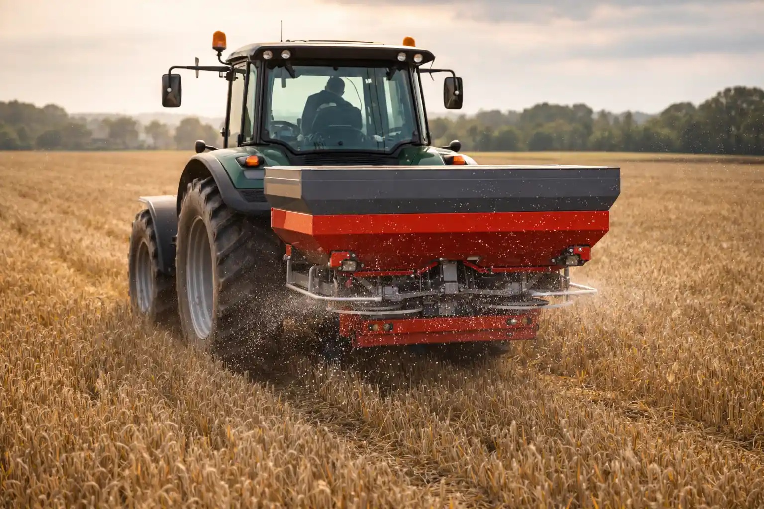 Un tracteur épand de l’engrais dans un champ de blé 